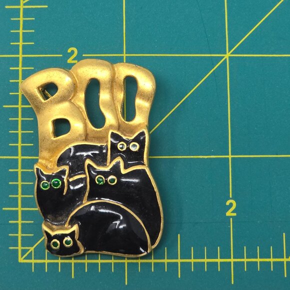 Vintage Danecraft Halloween Boo Brooch Black Cats Gold Tone Black Enamel Pin - Picture 7 of 9